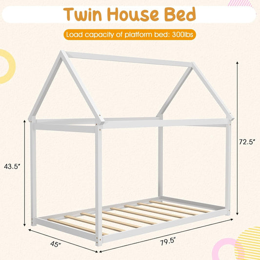 Twin House Bed Frame With Roof Canopy Montessori For Kids