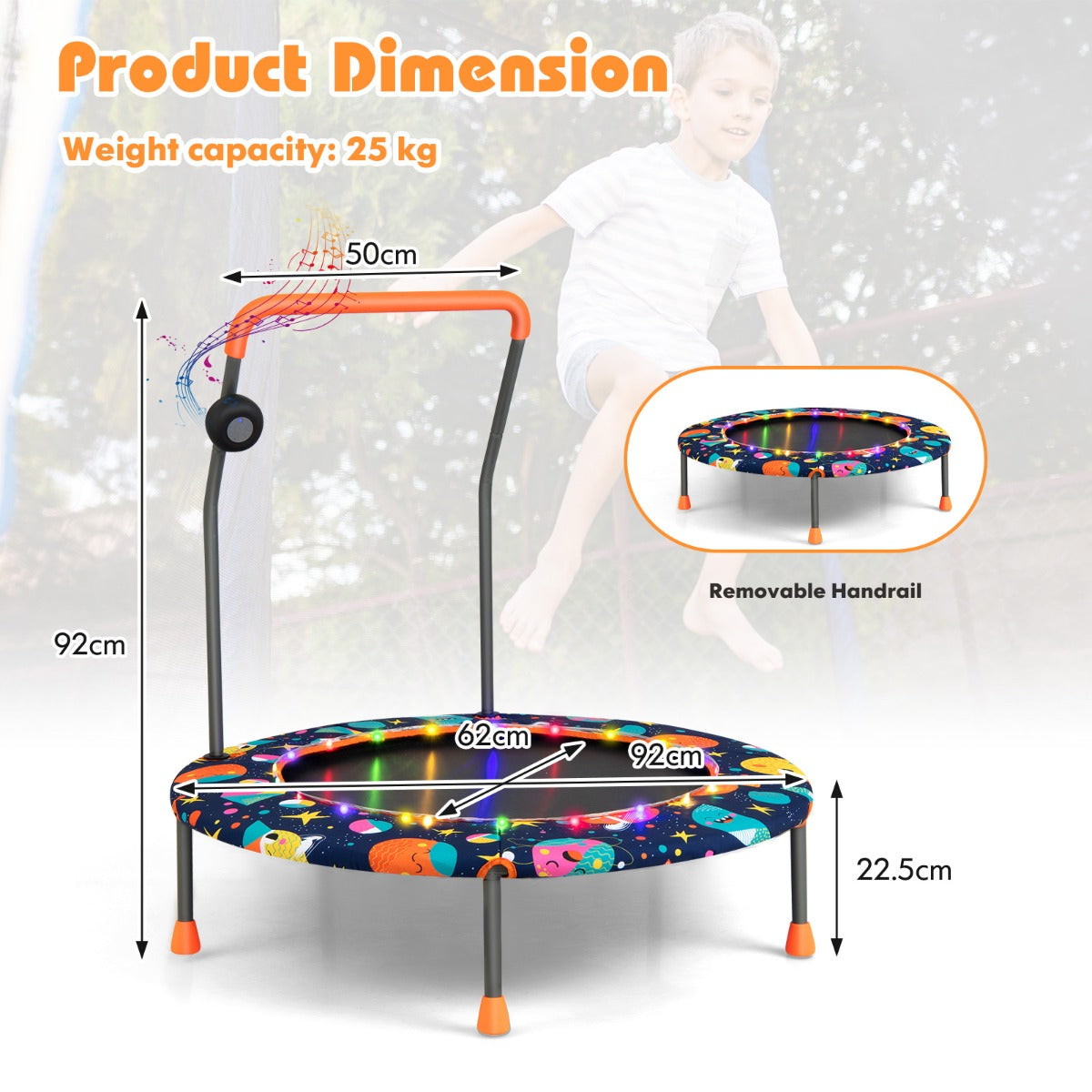 NNECW Toddler Music Trampoline with Colorful LED Lights for Kids-Navy-3