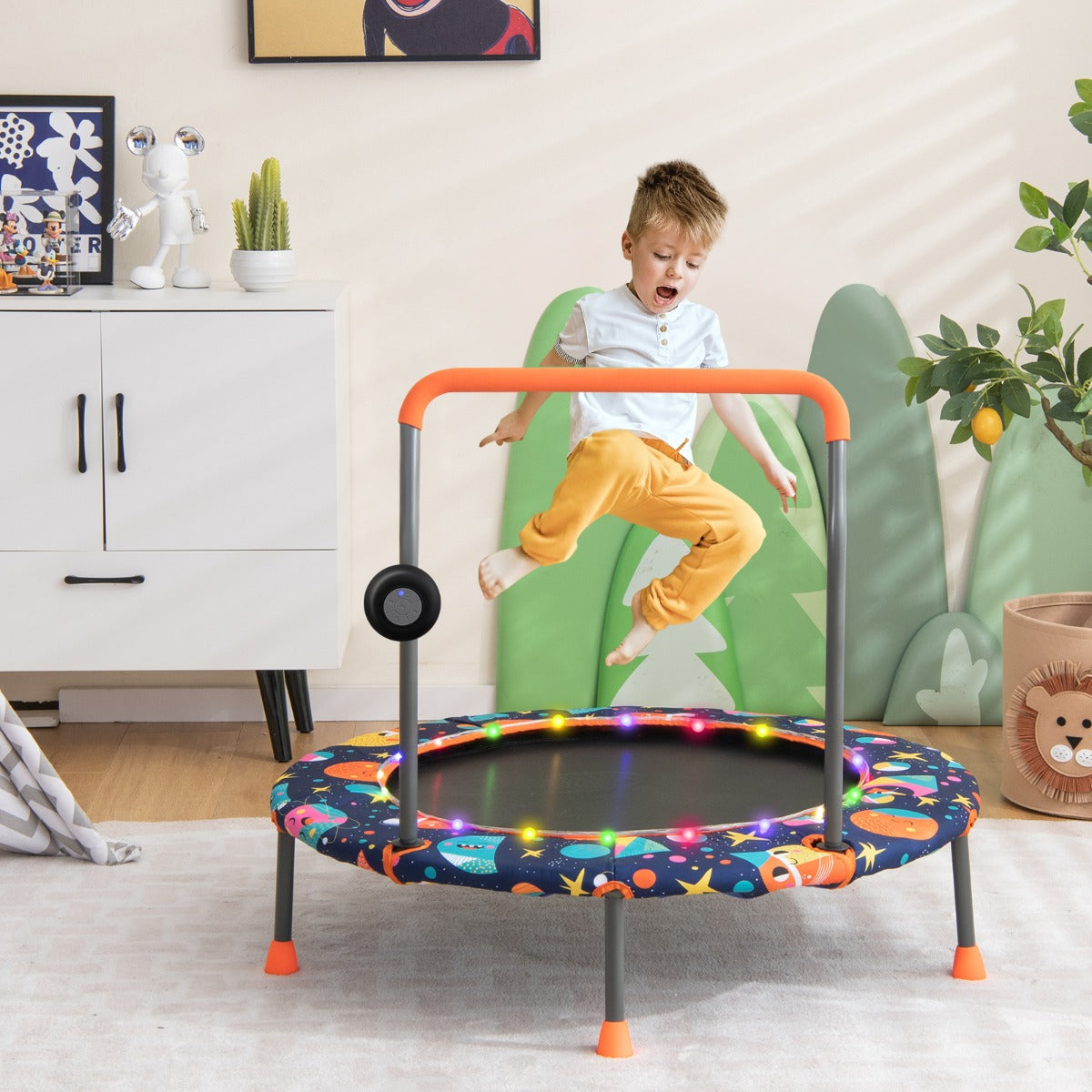 NNECW Toddler Music Trampoline with Colorful LED Lights for Kids-Navy-4