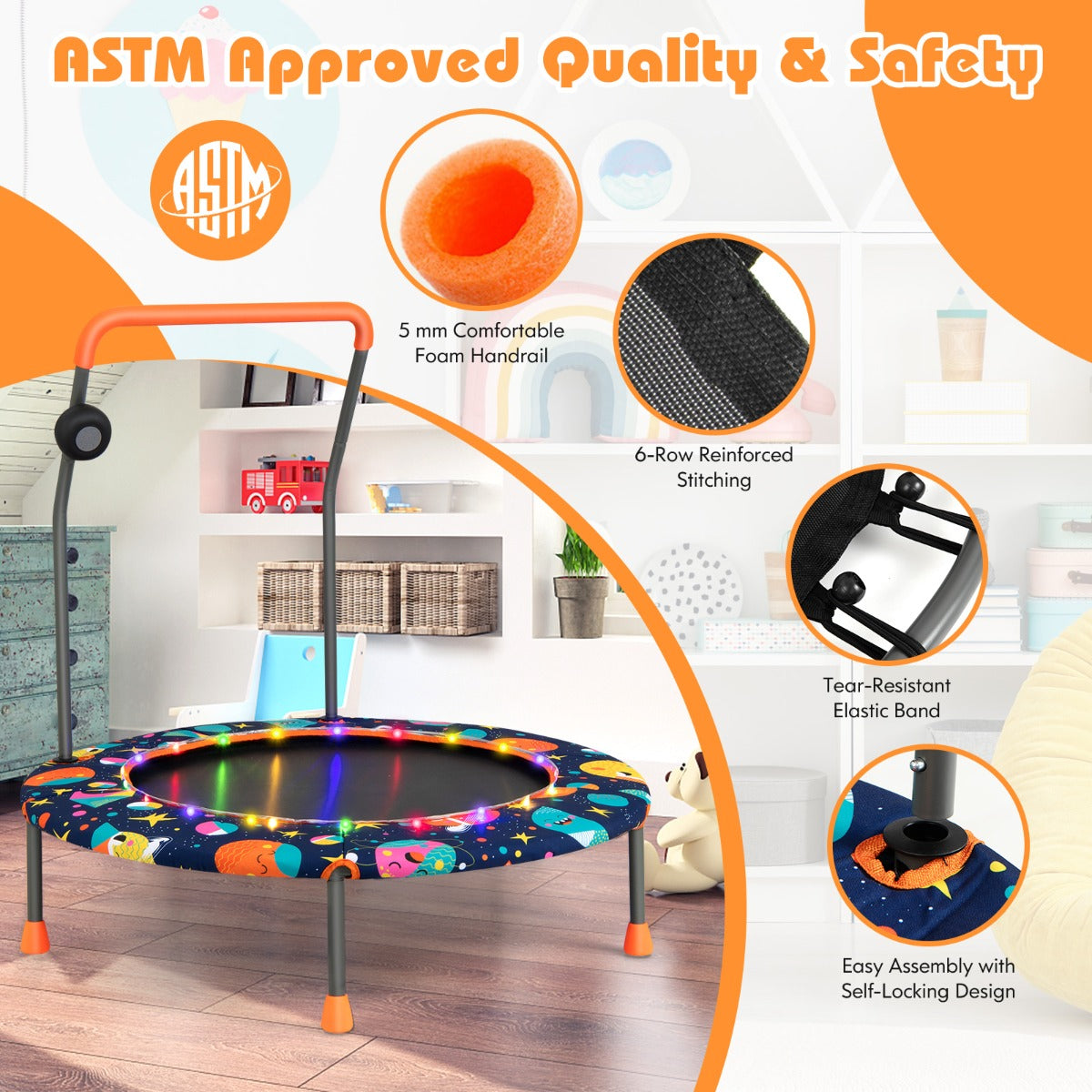 NNECW Toddler Music Trampoline with Colorful LED Lights for Kids-Navy-2